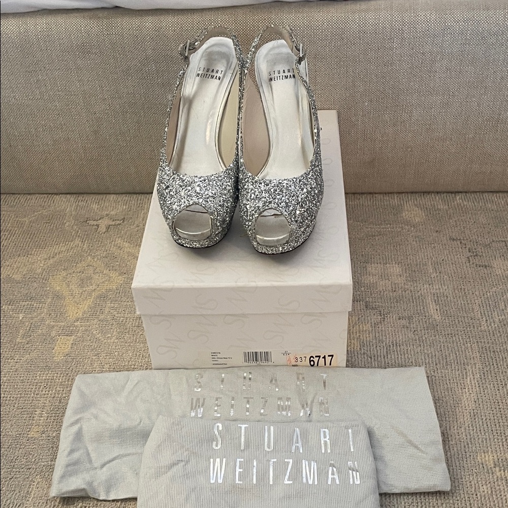 Stuart Weitzman Sparkling Silver Peep-Toe Heels